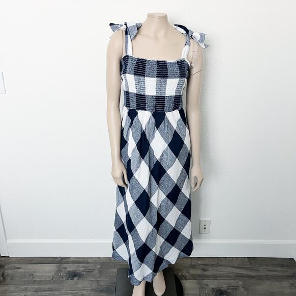 [Crown & Ivy] Navy Blue White Plaid Linen Midi Dress Tie Straps NWT Size Large L - Picture 2 of 11